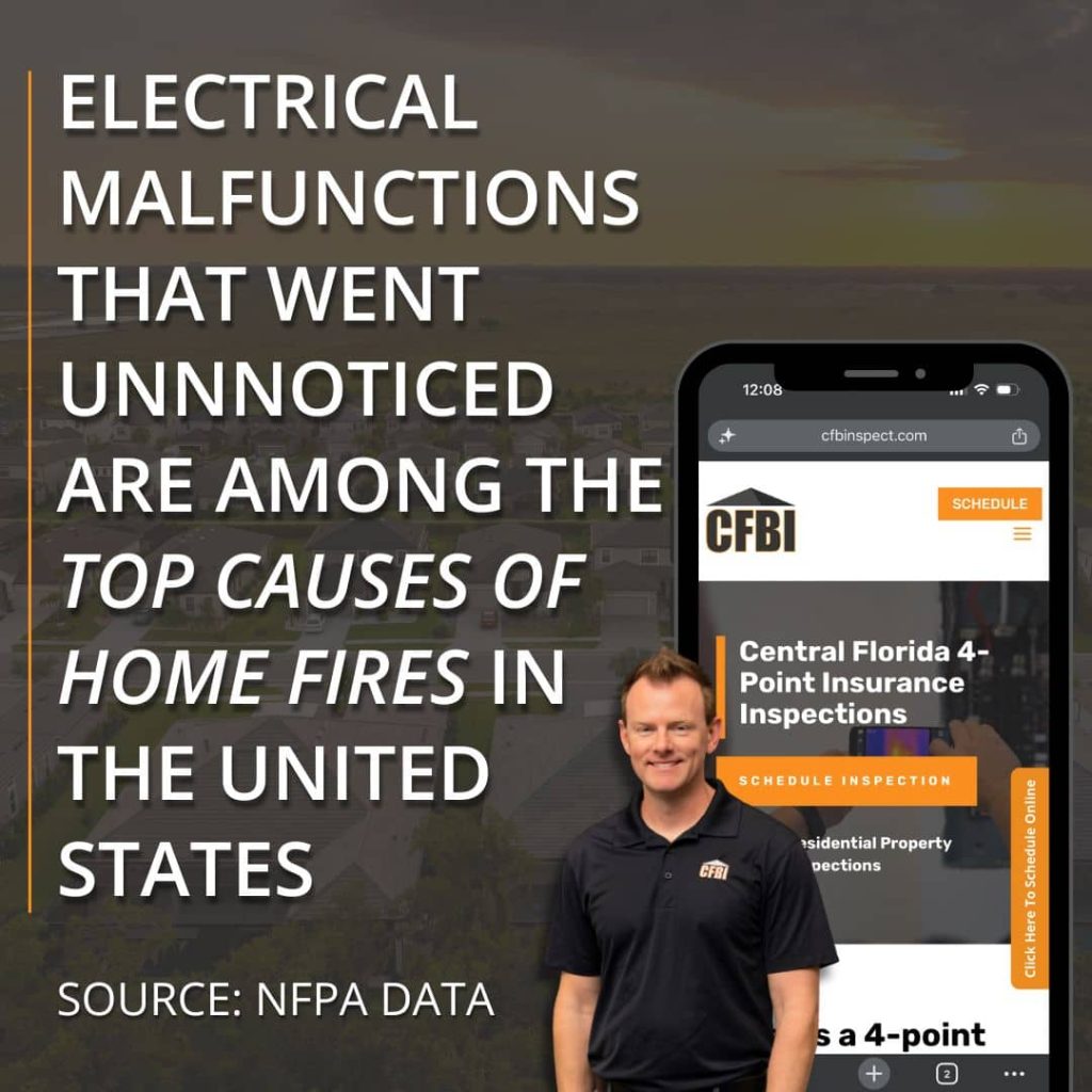 CFBI 4 point inspection graphic illustrating the risk of hidden electrical malfunctions and residential fire hazards.