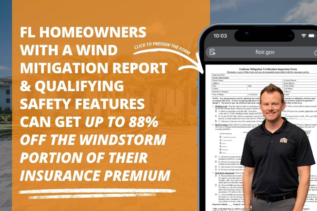Image displaying a wind mitigation inspection statistic and a visual of the updated form for Florida homes