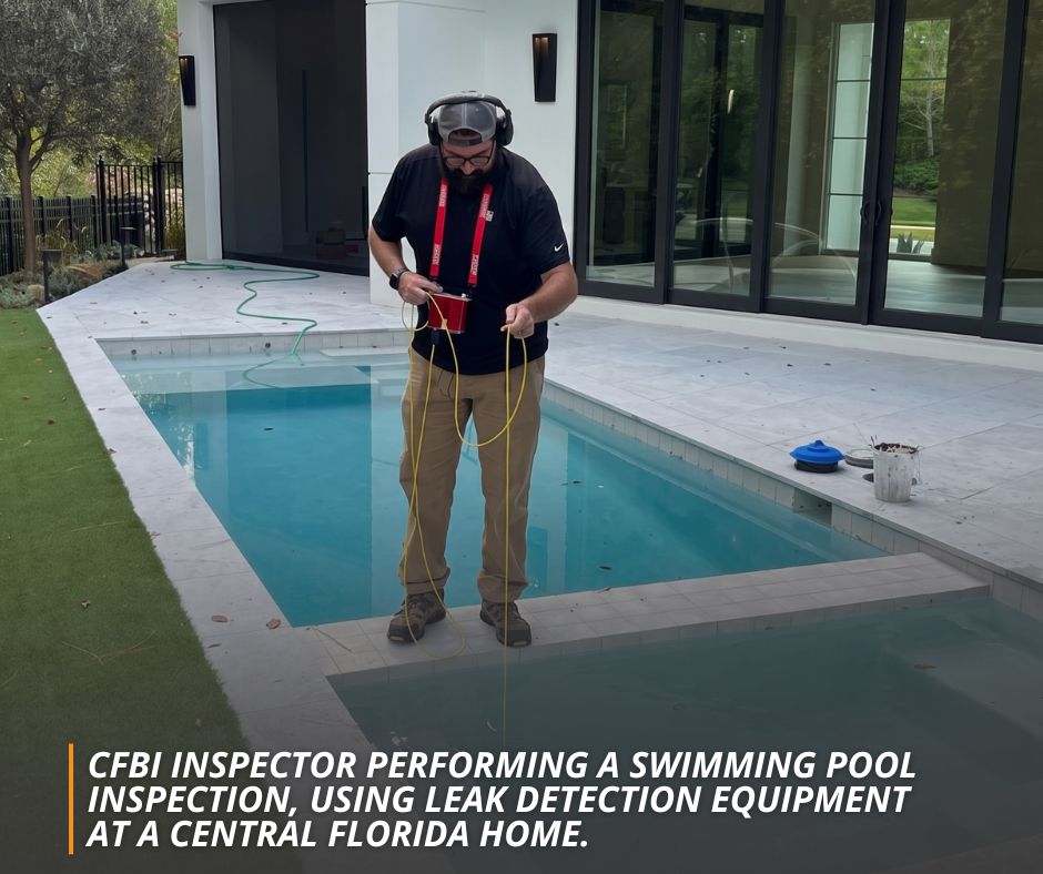 CFBI inspector performing a swimming pool inspection, using leak detection equipment at a Central Florida home.