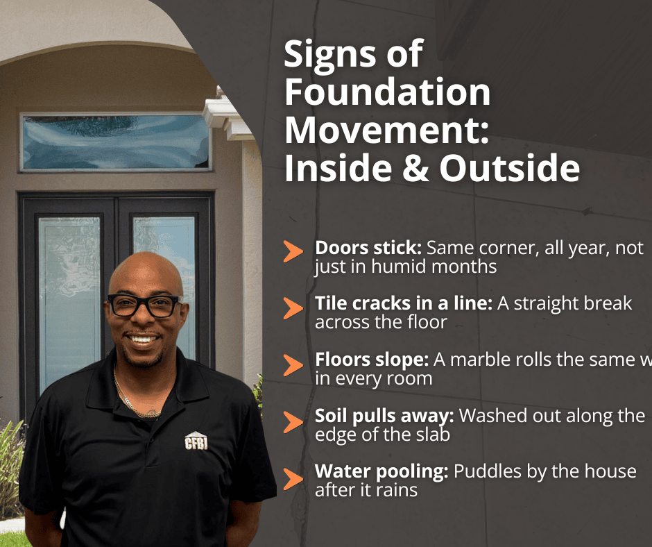 CFBI inspector beside a cracked exterior wall with a list of signs of foundation movement inside and outside a home