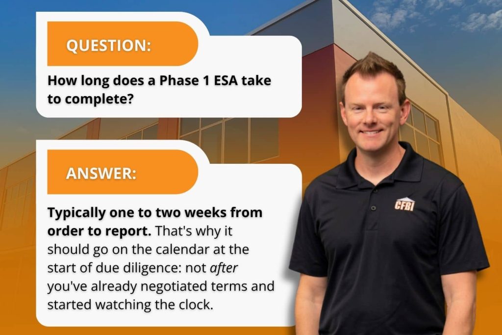 A Q&A graphic explaining that a Phase 1 Site Assessment typically takes one to two weeks to complete and should be scheduled at the beginning of the due diligence period.