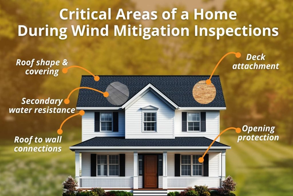 Diagram showing the critical areas covered by the scope of a wind mitigation inspection