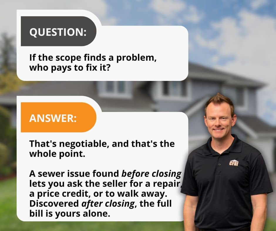 CFBI inspector explaining who pays for sewer line repairs found during a sewer scope, noting issues found before closing can be negotiated with the seller.