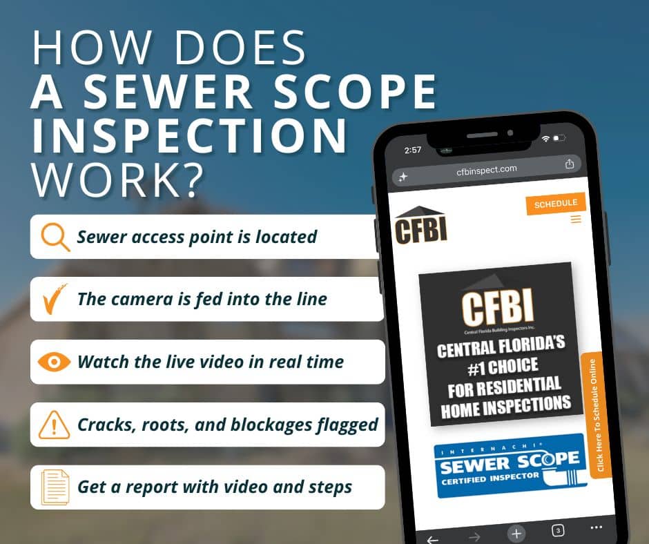 Infographic showing how a sewer scope inspection works in five steps: locate the sewer access point, feed the camera into the line, watch the live video, flag cracks, roots, and blockages, and get a report with video.